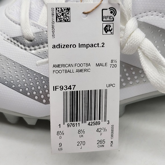 Adidas Adizero Impact 2.2 Football Cleats Men's 9 White Silver - Picture 10 of 11